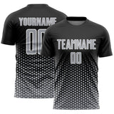 Custom Black Gray-White Geometric Hexagonal Dot Gradient Sublimation Soccer Uniform Jersey