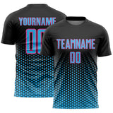 Custom Black Sky Blue-Pink Geometric Hexagonal Dot Gradient Sublimation Soccer Uniform Jersey