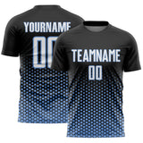 Custom Black White-Light Blue Geometric Hexagonal Dot Gradient Sublimation Soccer Uniform Jersey