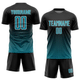 Custom Black Teal-White Geometric Hexagonal Dot Gradient Sublimation Soccer Uniform Jersey