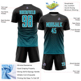 Custom Black Teal-White Geometric Hexagonal Dot Gradient Sublimation Soccer Uniform Jersey