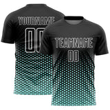 Custom Black Ice Blue-White Geometric Hexagonal Dot Gradient Sublimation Soccer Uniform Jersey
