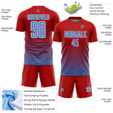Custom Red Powder Blue-White Geometric Hexagonal Dot Gradient Sublimation Soccer Uniform Jersey