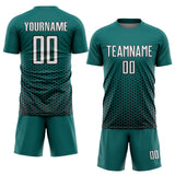 Custom Teal White-Black Geometric Hexagonal Dot Gradient Sublimation Soccer Uniform Jersey