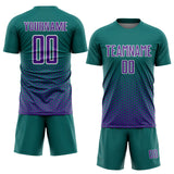 Custom Teal Purple-White Geometric Hexagonal Dot Gradient Sublimation Soccer Uniform Jersey