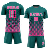 Custom Teal Pink-White Geometric Hexagonal Dot Gradient Sublimation Soccer Uniform Jersey
