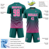 Custom Teal Pink-White Geometric Hexagonal Dot Gradient Sublimation Soccer Uniform Jersey