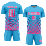 Custom Sky Blue Pink-White Geometric Hexagonal Dot Gradient Sublimation Soccer Uniform Jersey