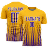 Custom Gold Purple-White Geometric Hexagonal Dot Gradient Sublimation Soccer Uniform Jersey