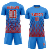 Custom Powder Blue Red-White Geometric Hexagonal Dot Gradient Sublimation Soccer Uniform Jersey