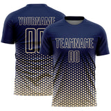 Custom Navy-Cream Geometric Hexagonal Dot Gradient Sublimation Soccer Uniform Jersey