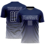Custom Navy-White Geometric Hexagonal Dot Gradient Sublimation Soccer Uniform Jersey