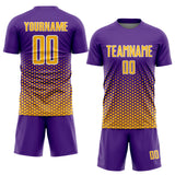 Custom Purple Gold-White Geometric Hexagonal Dot Gradient Sublimation Soccer Uniform Jersey