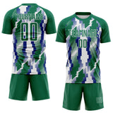 Custom Kelly Green Royal-White Jamaica Geometric Sublimation Soccer Uniform Jersey