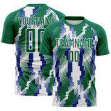Custom Kelly Green Royal-White Jamaica Geometric Sublimation Soccer Uniform Jersey