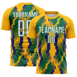 Custom Gold White Kelly Green-Royal Jamaica Geometric Sublimation Soccer Uniform Jersey