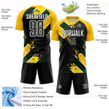 Custom Black Yellow Green-White Jamaica Brush Stroke Splatter Sublimation Soccer Uniform Jersey