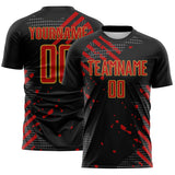 Custom Black Red-Old Gold Jamaica Brush Stroke Splatter Sublimation Soccer Uniform Jersey