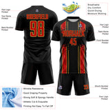 Custom Black Red-Old Gold Jamaica Vertical Stripes Paint Splatter Sublimation Soccer Uniform Jersey