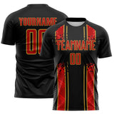 Custom Black Red-Old Gold Jamaica Vertical Stripes Paint Splatter Sublimation Soccer Uniform Jersey