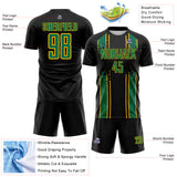Custom Black Kelly Green-Gold Jamaica Vertical Stripes Paint Splatter Sublimation Soccer Uniform Jersey