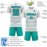 Custom White Aqua-Black Jamaica Fluid Liquid Waves Sublimation Soccer Uniform Jersey