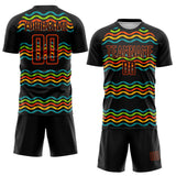 Custom Black Teal Neon Green Gold-Orange Jamaica Fluid Liquid Waves Sublimation Soccer Uniform Jersey