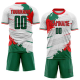 Custom White Kelly Green Black-Fire Red Jamaica Geometric Paint Splatter Sublimation Soccer Uniform Jersey