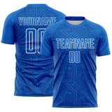 Custom Blue Royal-White Geometric Maze Interlocking Lin Sublimation Soccer Uniform Jersey