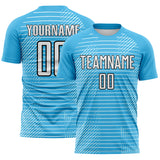 Custom Sky Blue White-Black Stripe Diagonal Grid Sublimation Soccer Uniform Jersey