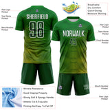 Custom Green Gold-White Gradient Geometric Maze Lines Sublimation Soccer Uniform Jersey