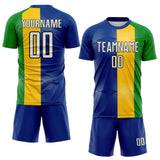 Custom Royal White Yellow Grass Green-Black Stripe Curved Line Brazil Sublimation Soccer Uniform Jersey