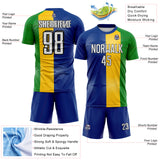 Custom Royal White Yellow Grass Green-Black Stripe Curved Line Brazil Sublimation Soccer Uniform Jersey