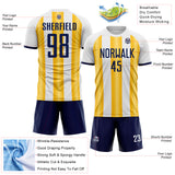 Custom White Navy-Gold Gradient Vertical Stripe Argentina Style Sublimation Soccer Uniform Jersey