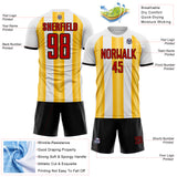 Custom White Red Gold-Black Gradient Vertical Stripe Argentina Style Sublimation Soccer Uniform Jersey