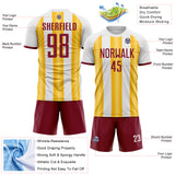 Custom White Crimson-Gold Gradient Vertical Stripe Argentina Style Sublimation Soccer Uniform Jersey