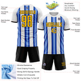 Custom White Gold Royal-Black Gradient Vertical Stripe Argentina Style Sublimation Soccer Uniform Jersey
