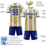 Custom White Royal-Old Gold Gradient Vertical Stripe Argentina Style Sublimation Soccer Uniform Jersey