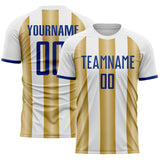 Custom White Royal-Old Gold Gradient Vertical Stripe Argentina Style Sublimation Soccer Uniform Jersey