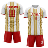 Custom White Red-Old Gold Gradient Vertical Stripe Argentina Style Sublimation Soccer Uniform Jersey