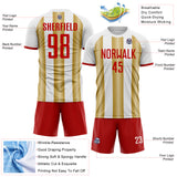 Custom White Red-Old Gold Gradient Vertical Stripe Argentina Style Sublimation Soccer Uniform Jersey