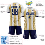 Custom White Navy-Old Gold Gradient Vertical Stripe Argentina Style Sublimation Soccer Uniform Jersey