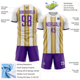 Custom White Purple-Old Gold Gradient Vertical Stripe Argentina Style Sublimation Soccer Uniform Jersey
