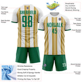 Custom White Kelly Green-Old Gold Gradient Vertical Stripe Argentina Style Sublimation Soccer Uniform Jersey