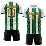 Custom White Old Gold Green-Black Gradient Vertical Stripe Argentina Style Sublimation Soccer Uniform Jersey