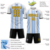 Custom White Gold Light Blue-Black Gradient Vertical Stripe Argentina Style Sublimation Soccer Uniform Jersey