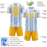 Custom White Gold-Light Blue Gradient Vertical Stripe Argentina Style Sublimation Soccer Uniform Jersey