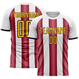 Custom White Gold Crimson-Black Gradient Vertical Stripe Argentina Style Sublimation Soccer Uniform Jersey
