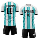 Custom White Black-Teal Gradient Vertical Stripe Argentina Style Sublimation Soccer Uniform Jersey