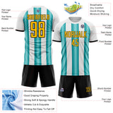 Custom White Gold Teal-Black Gradient Vertical Stripe Argentina Style Sublimation Soccer Uniform Jersey